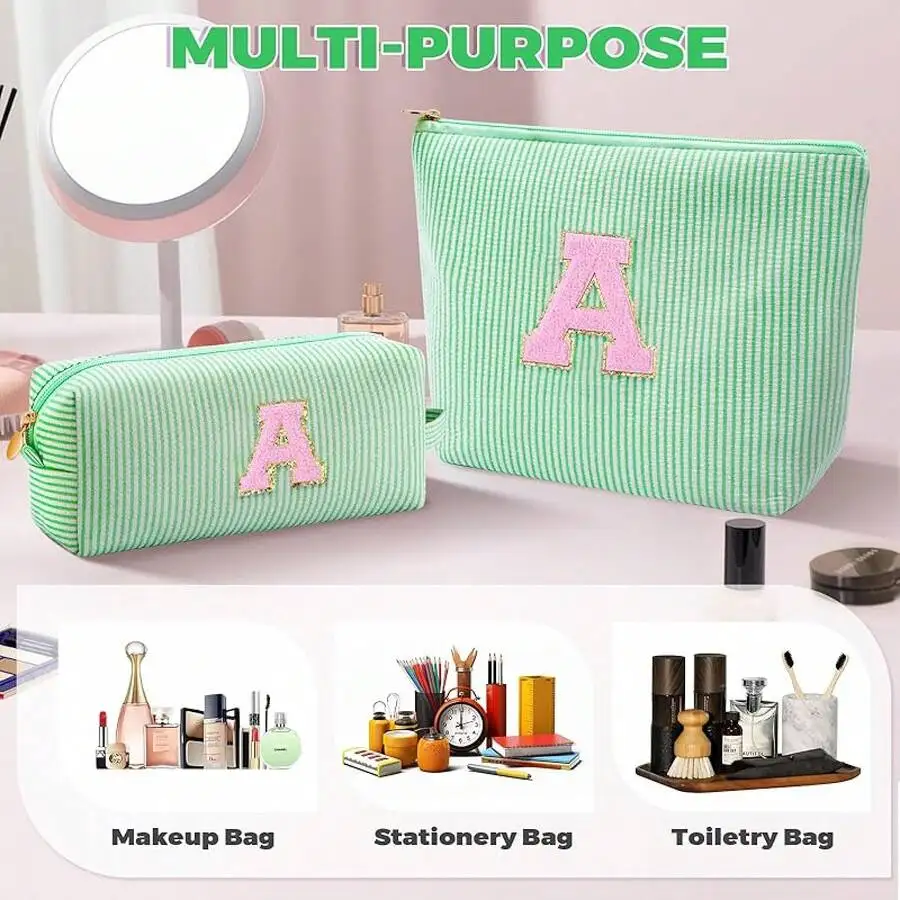 

Multi-Purpose Striped Cosmetic Bag With Letter A Embroidery Makeup Toiletry Stationery Travel Organizer