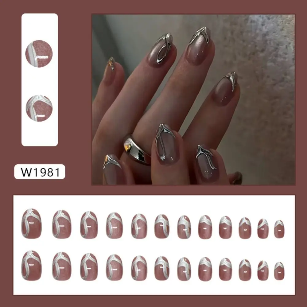 Faux ongles de manucure ovales courts, lignes métalliques irrégulières, paillettes, œil de chat, à pression, détachables, français, DIY, 24 pièces
