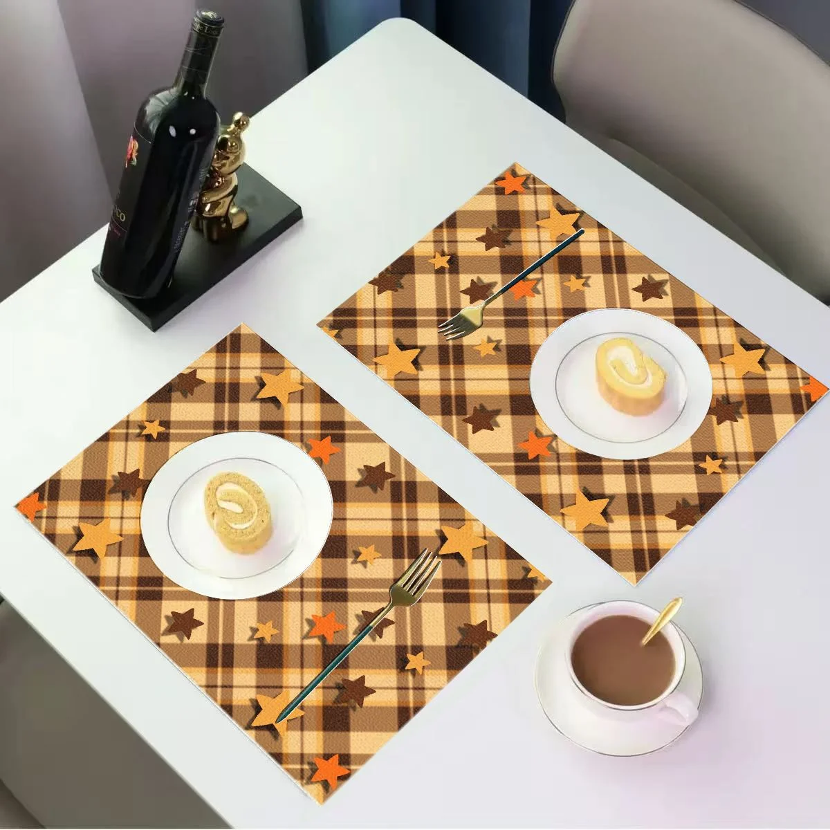 VIKAMA Autumn Star Tartan Placemats Brown Orange Plaid Table Mat Fall Harvest Washable Heat Resistant Dining Decor Mat