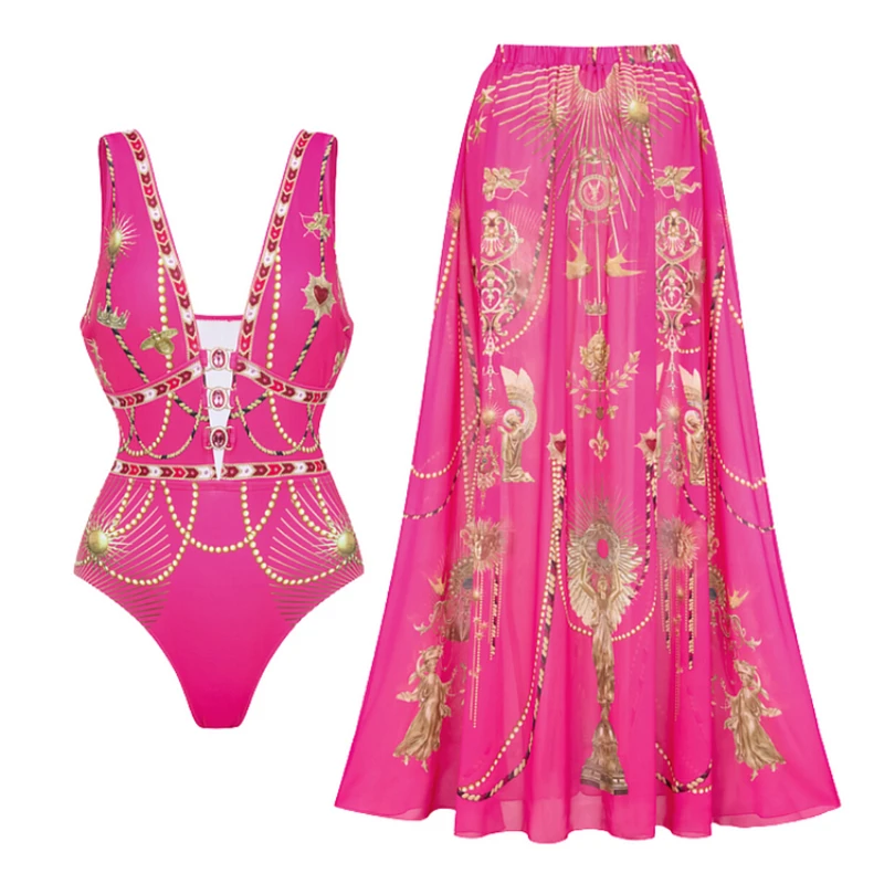 2025 Flaxmaker Hollow Metallic Pattern Printing One Piece Swimsuit and Skirt Women Sexy V Neck Retro Printed Swimwear tankini