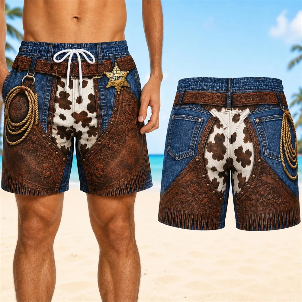 Retro 3D Print Cowboy Style Funny Beach Shorts for Men Quick Dry Breathable Drawstring Board Novel Unique Shorts FamilyMatching