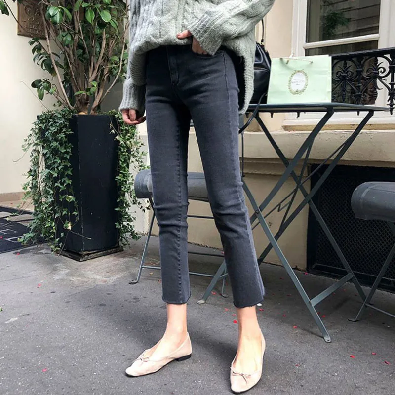 

High Waist Straight Leg Jeans Women's Spring Faion Korean Sle Elastic Slimming Frayed Nine Point Pants
