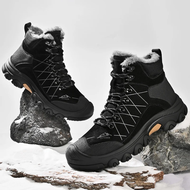 Men ankle boots lace up high top Tactical Boots Men Spring winter Outdoor Hiking Shoes with fur warm winter boots men shoes