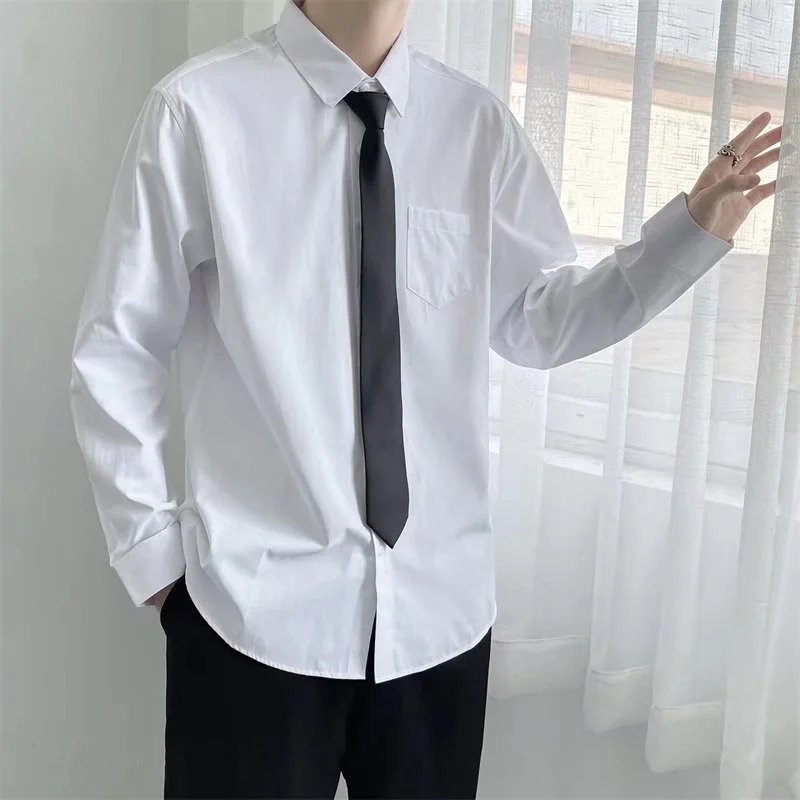 White Long Sleeve Shirt Men Trendy Loose Pure Color Simple Collar Couple Style Academy Style Dk Korean