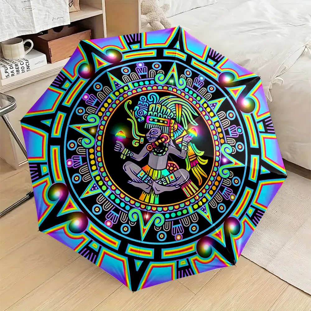 Vibrant Aztec Warrior Design Umbrella Compact Fashion Folding Umbrella for Daily Use, Christmas Gift