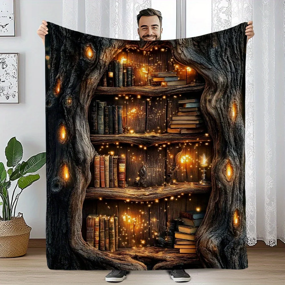 Tree‑Bookshelf‑Book‑Print Throw Blanket, Decor for Sofa & Bed, Literary‑Themed Warm Gift for Book Lovers, All‑Season Home Decor
