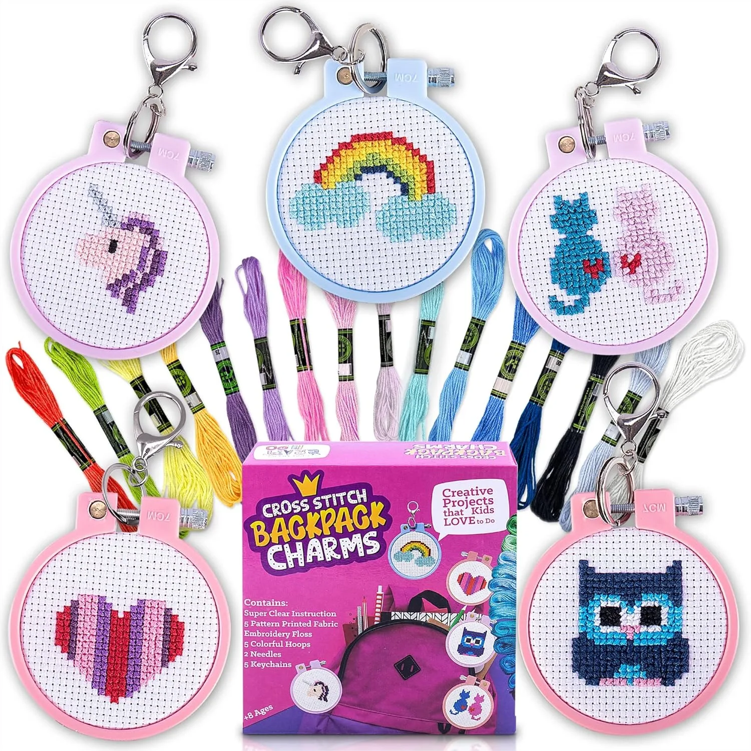 

Cross Stitch Kit for Kids - 5 Easy Stamped Kits for Beginners, Embroidery Set with Backpack Charms and Keychains