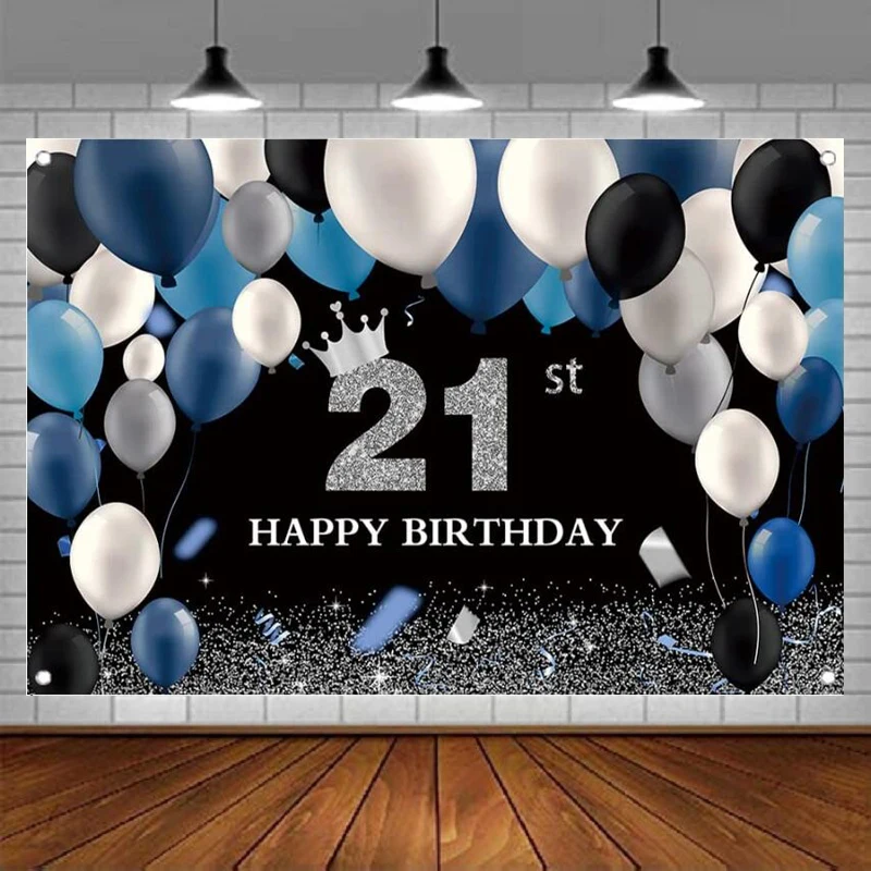 Photography Backdrop Black And Silver Navy Blue And White Balloons Crown 21st Birthday Party Decor Twenty One Banner Background