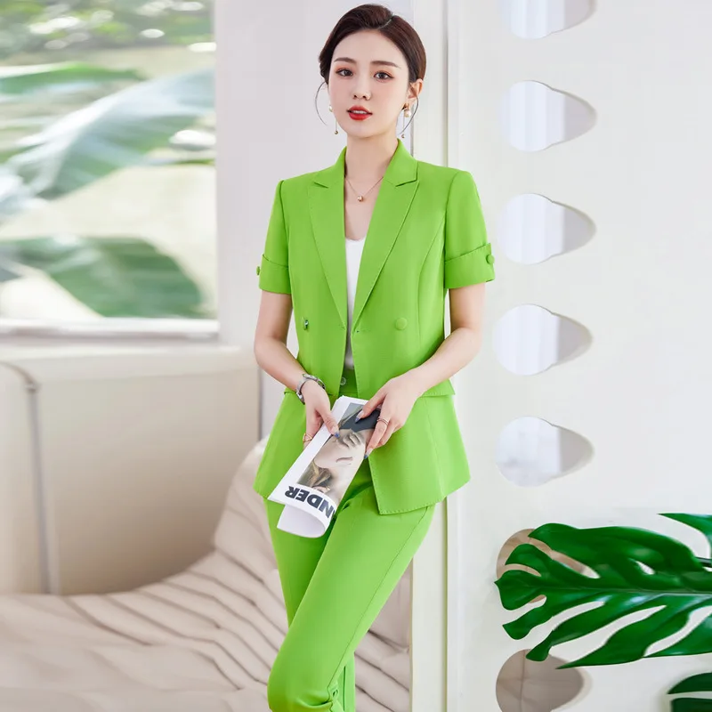 Newest Spring Summer Women Business Suits with Pants and Jackets Coat Short Sleeve Professional Pantsuit Office Work Wear Blazer