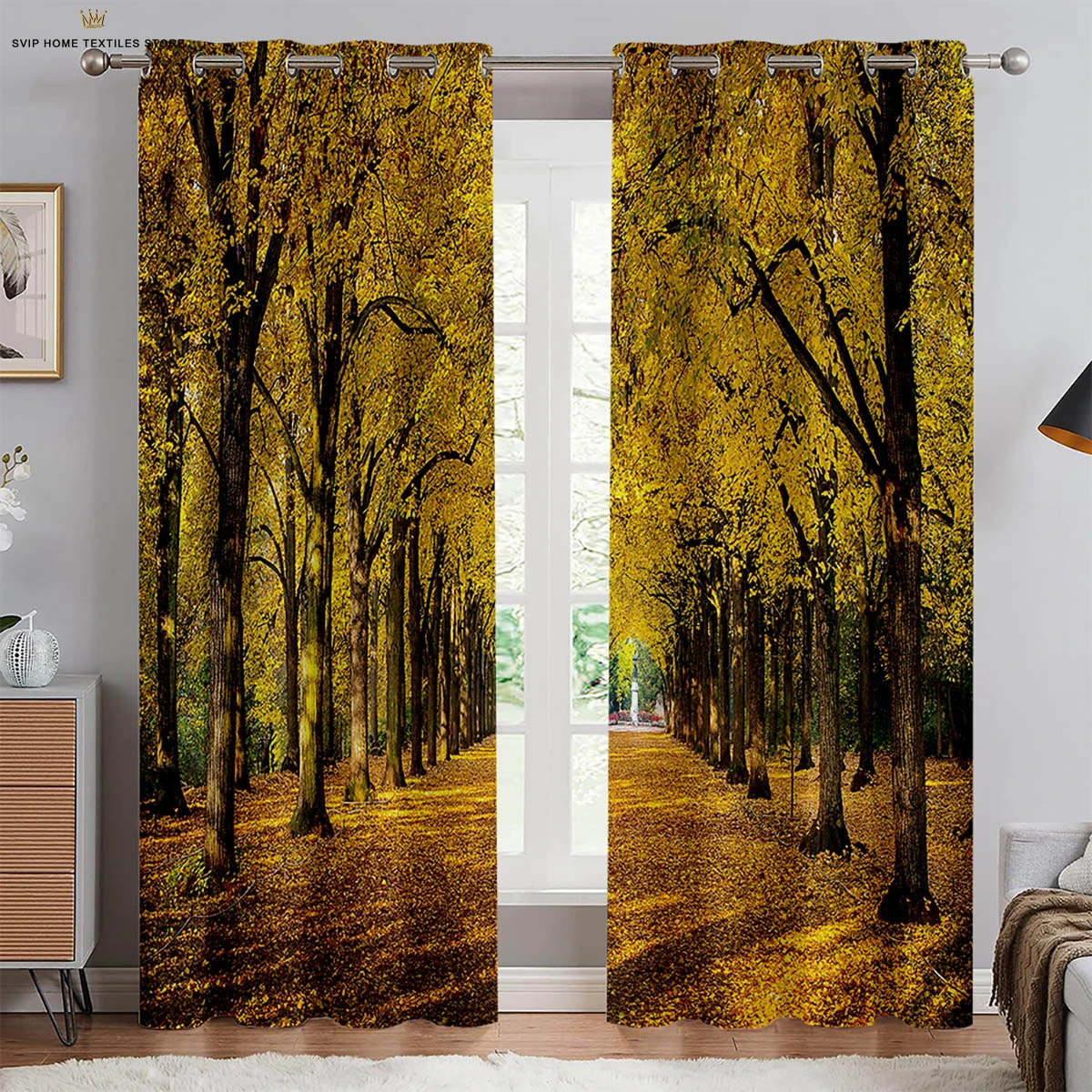 

Autumn Forest Scenery Curtains, 3D Printed Curtains, Pastoral Style, Polyester Fiber, Bedroom, Living Room Decoration, 2 Pcs