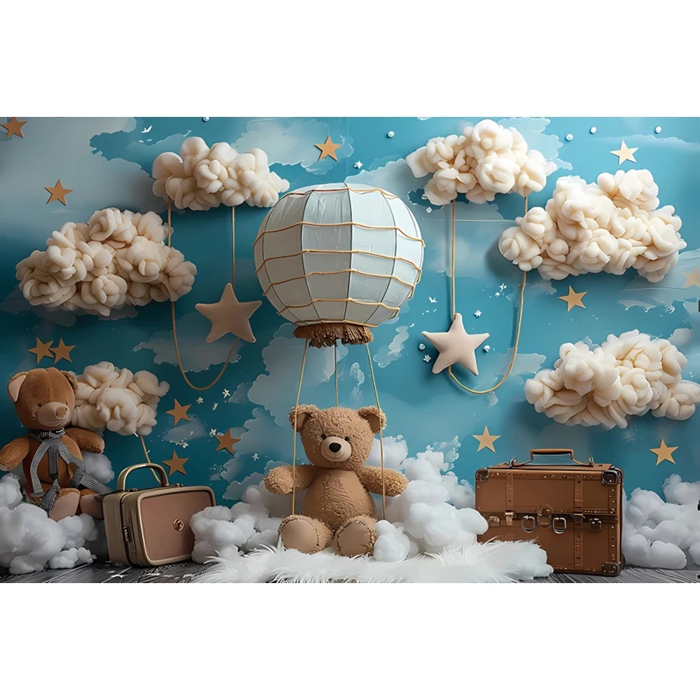 生まれたばかりの赤ちゃんの1歳の誕生日の装飾,写真の背景,青とピンクのクマの雲の風船,ベビーシャワーケーキのスマッシュ,写真の背景