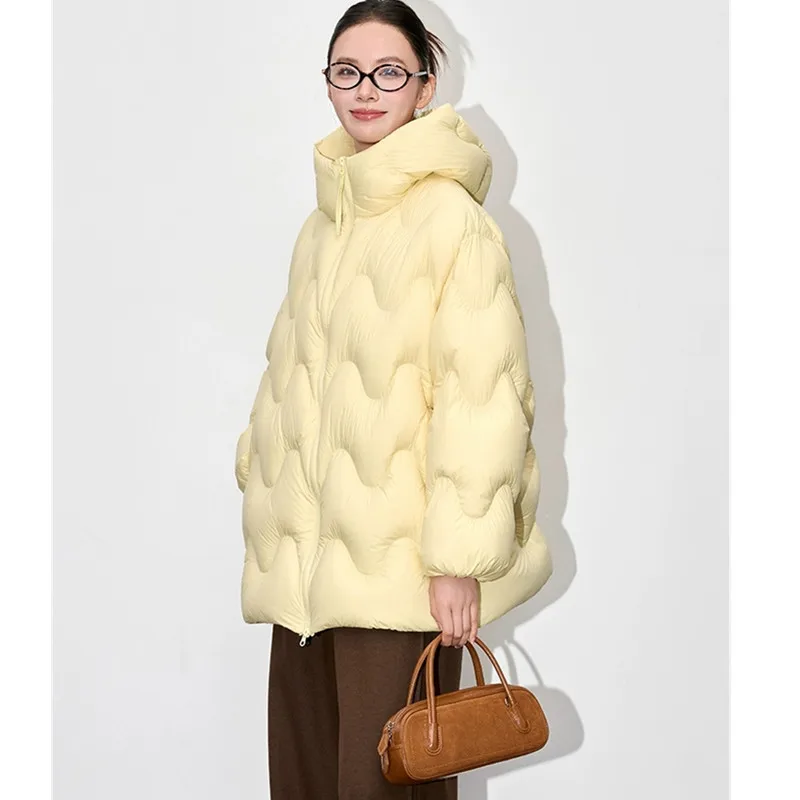 Black 90%White duck down Jacket 2025 Autumn Winter New High end Hooded Loose Puff down Coats Female Thick Warm Parka Overcoat