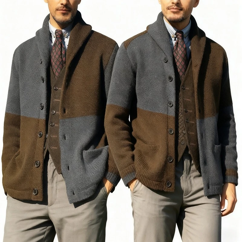 

2025 Men's Color Block Knit Cardigan, Button Front Open Sweater, Loose Fit Casual No Hood