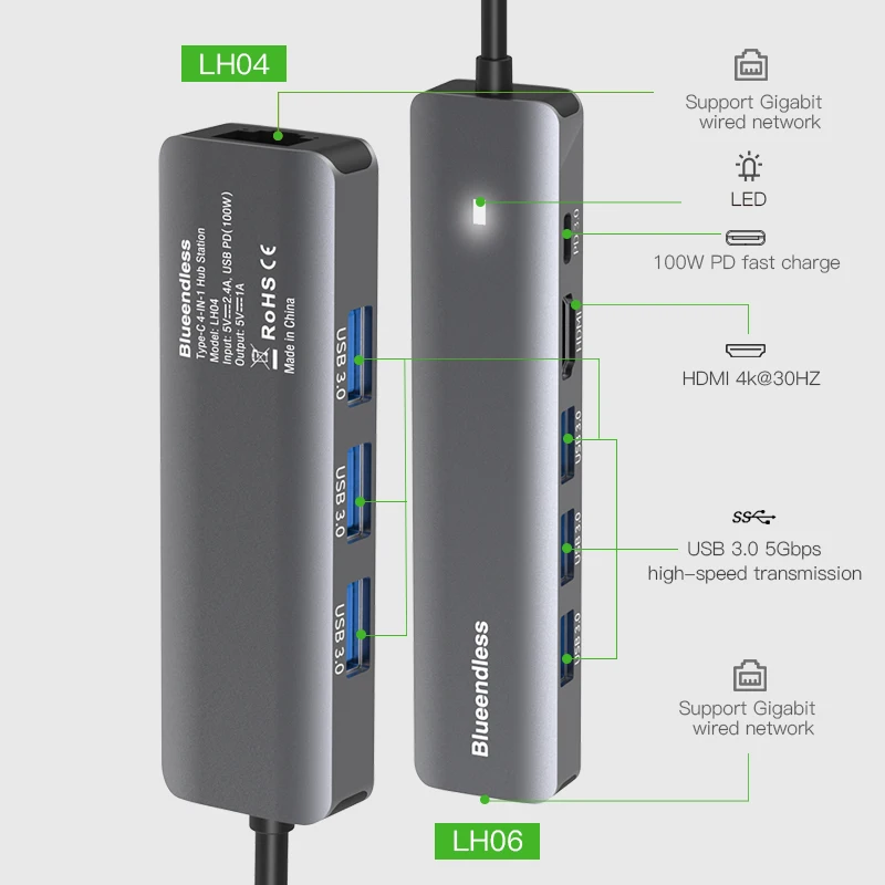 محطة لرسو السفن متعددة الصناديق من الألومنيوم ، 4K30Hz ، محول من النوع C ، USB ، 5 جيجابايت في الثانية ، 6 في 1 منافذ ، شاحن PD W للكمبيوتر المحمول ، ماك بوك