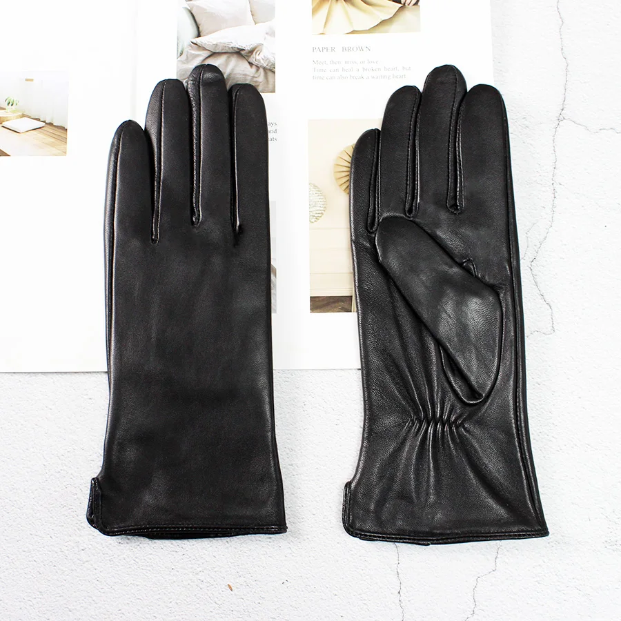 Leather Sheepskin Gloves Women's Autumn Warm Fleece Lining Color Fashion Thin Outdoor Activities Electric Bike Riding Driving