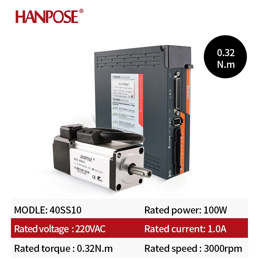 ZXY Hanpose High Performance Servo Motor Drive Kit AC200-240V 1.0A 0.32N.m 40SS10 and ASD210 Cnc 100W Ac Servo Motor and Drive