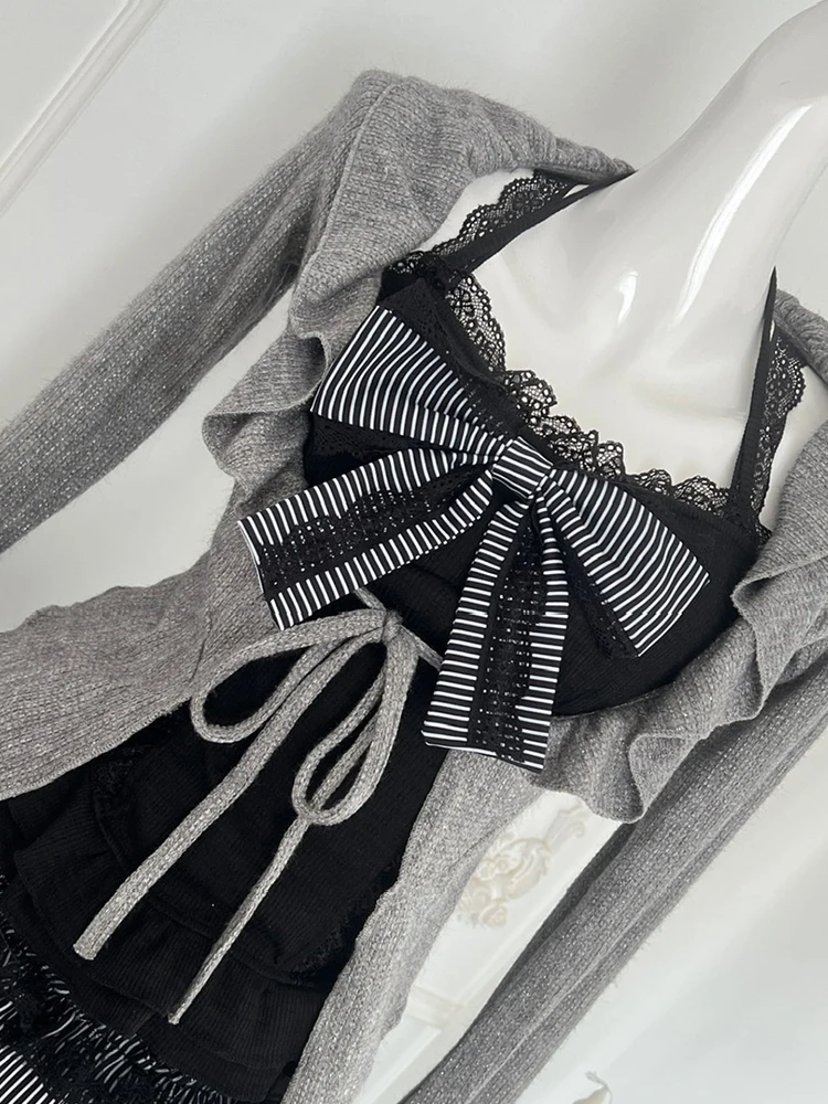 Women Gyaru Korean Shoujo Girl Outfits 3 Piece Set Long Sleeve Cardigan Tops + Coquette Lace Cami + Mini Striped Ruffle Skirts