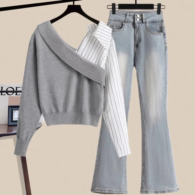 Office Ladies Elegant Two Pieces Set For Women Outfit Korean Casual V Neck Striped Patchwork Knitted Shirts+flare Denim Pant Set