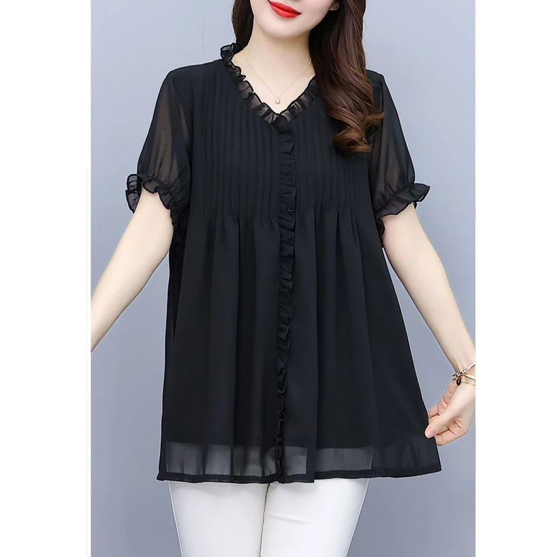 

Летние повседневные черные свободные шифоновые рубашки с v-образным вырезом и короткими рукавами, туники, топы Blusas Mujer, женские корейские модные элегантные блузки с рюшами