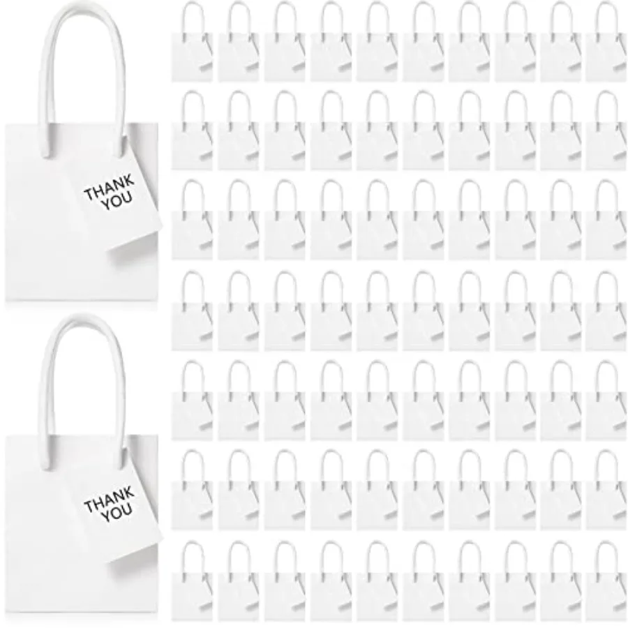 100 Pcs Mini Gift Bags Bulk, 4 x 2.75 x 4.5 in Paper Bag with Tag, Extra Small Paper Gift Boxes with Handles for Birthday, Part