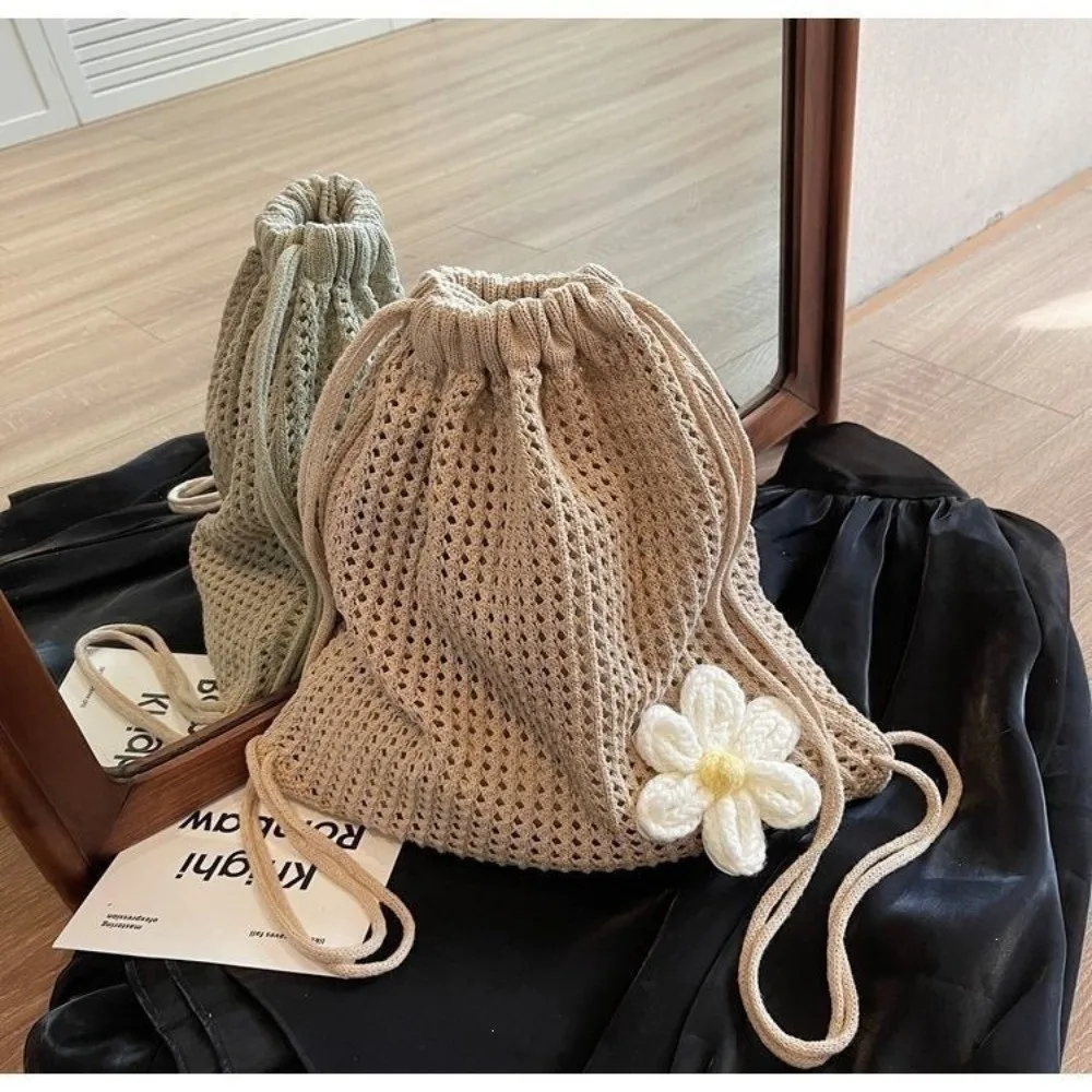 Durable Large Capacity Crochet Backpack Hollow Out Solid Color Knitting Shoulder Bag Lightweight Beach Tote Bag Women