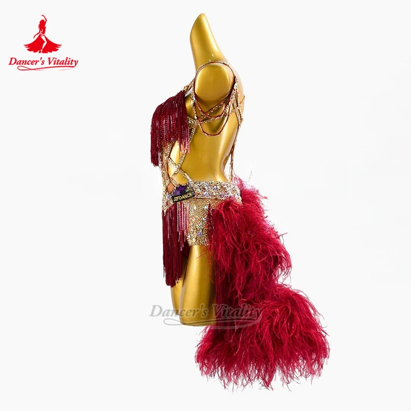 Ostrich Feather Latin Dance Sexy Sleeveless Fashion Design Dress Customized Dancer's Vitality Adult Chacha Samba Contest Clothes