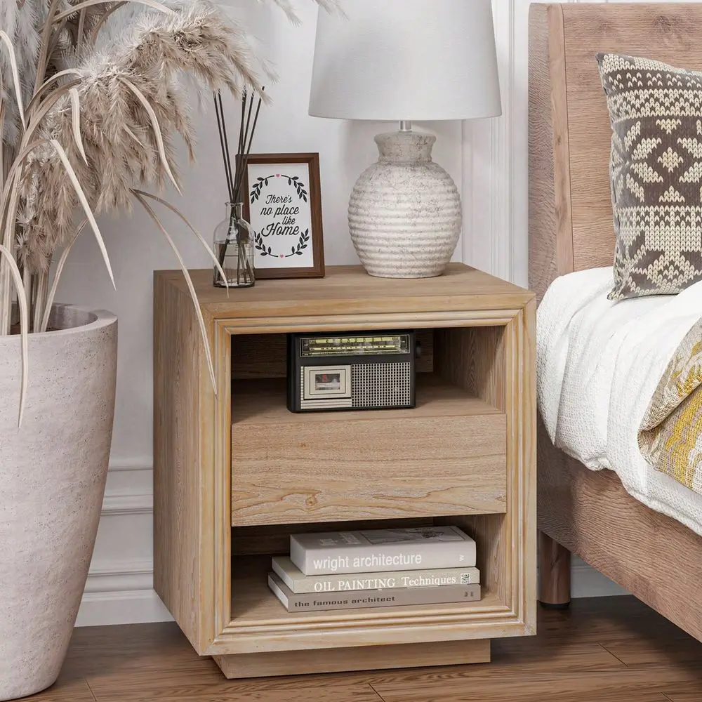 

Minimalist Wood Nightstand With 2 Open Shelves, Fully Assembled Farmhouse Chic Bedside Table With Storage Drawer For Bedroom, O