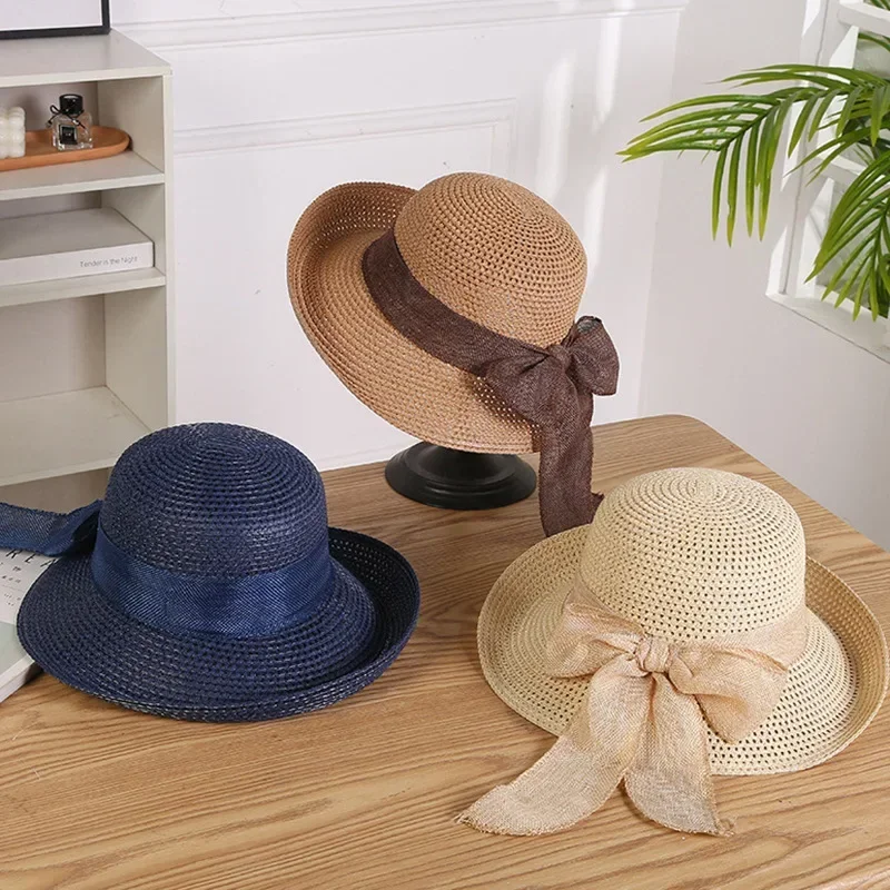 Summer Women's Bow Popular Straw Hat Holiday Sunscreen Curled Beach Sunshade Hats Linen Fisherman Straw-Hats Summer Sun Caps