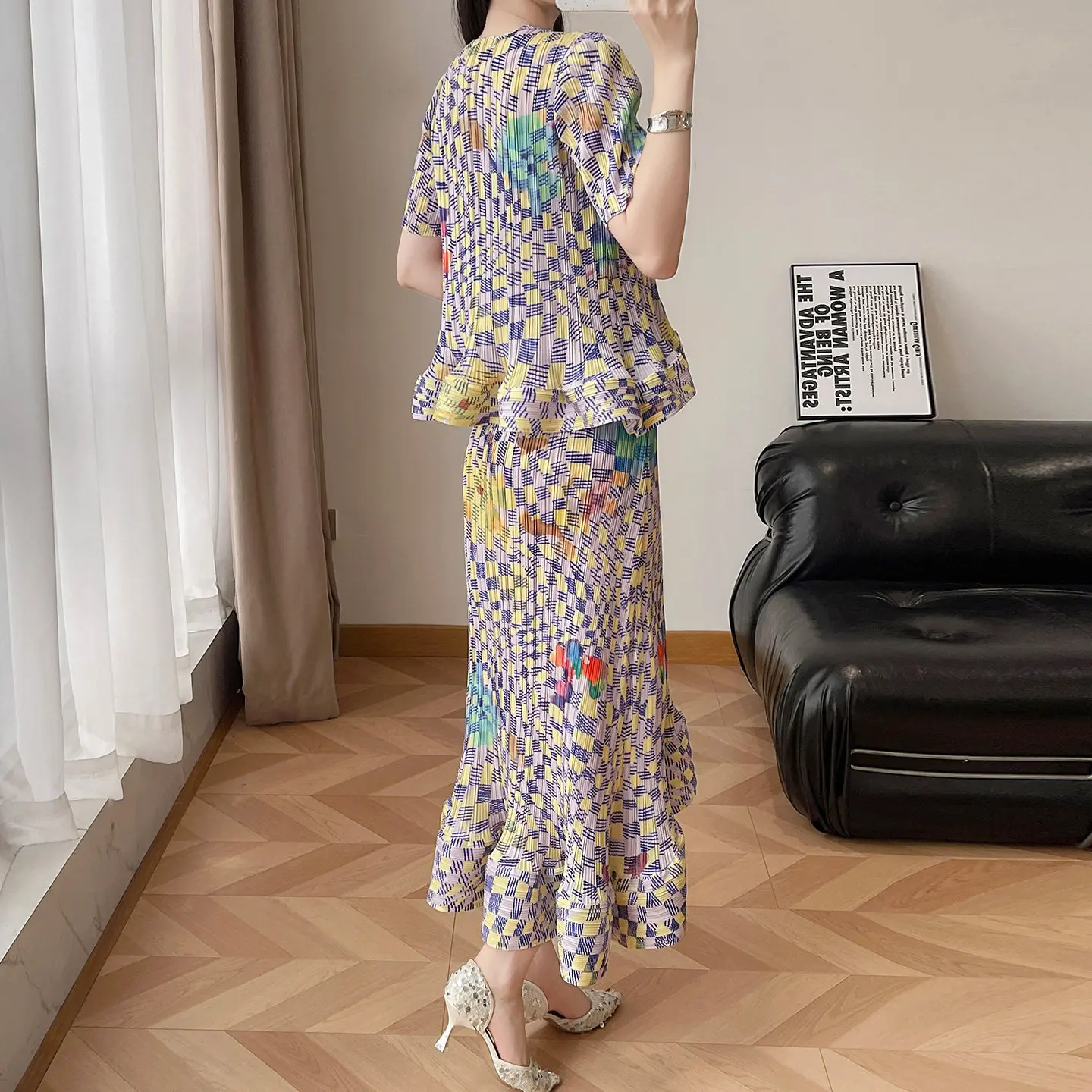 Miyake Pleated Printed Women's Two Piece Sets Sleeveless Ruffled Hem Tank Top and Fishtail Skirt Elegant Sets