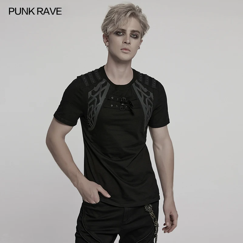 

PUNK RAVE Men's Cyber Punk Elastic Knitted T-shirt Personalized Segmentation Shoulder Studded Straps Cool Tops Tees Streetwear