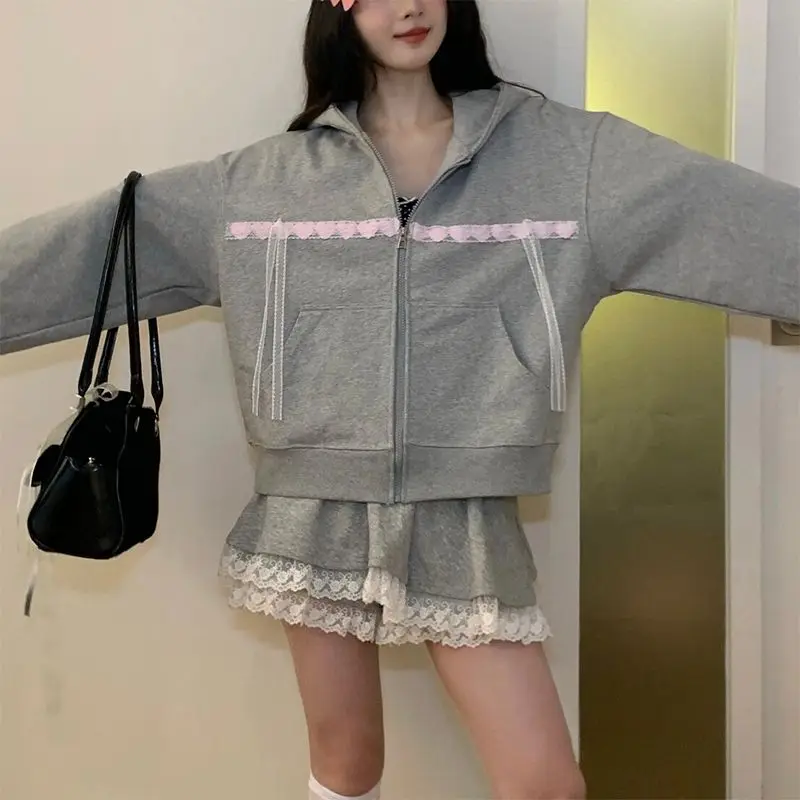 Korean Fashion Chic Spring Autumn New College Short Skirt Suits Loose Casual Gray Zip Up Hoodies Sweatshirt+Lace Mini Skirts Set