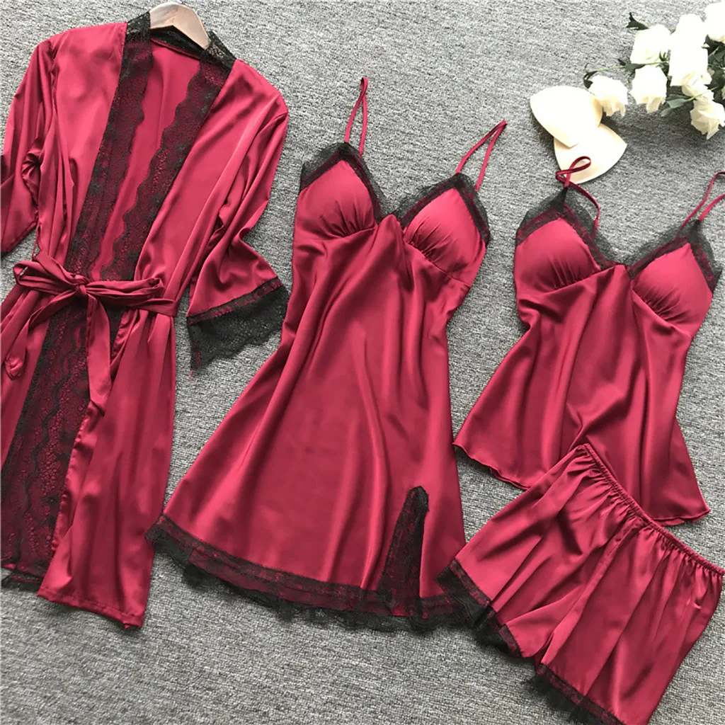 4 Pieces Pajamas Sets Satin Sleepwear Women Silk Nightwear Pyjama Strap Lace Sleep Lounge Pajama with Chest Pads