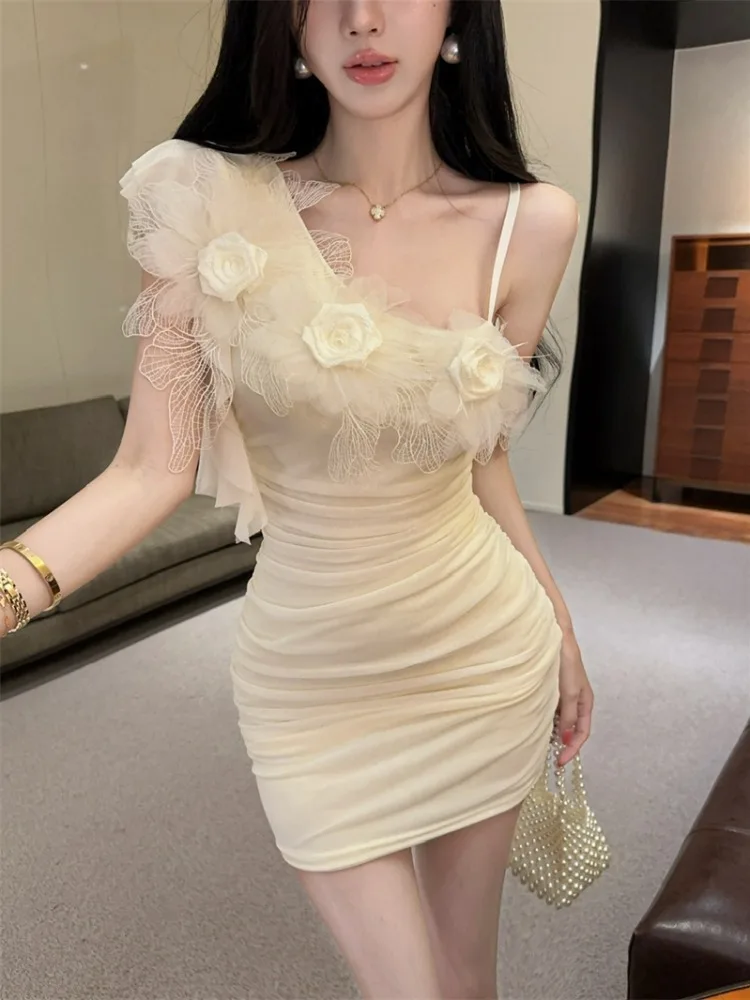 

Sexy Short Net Skirt with Shoulder Bared Design And Floral Splicing Strapless Dress for Women High Waist Summer Casual Dress