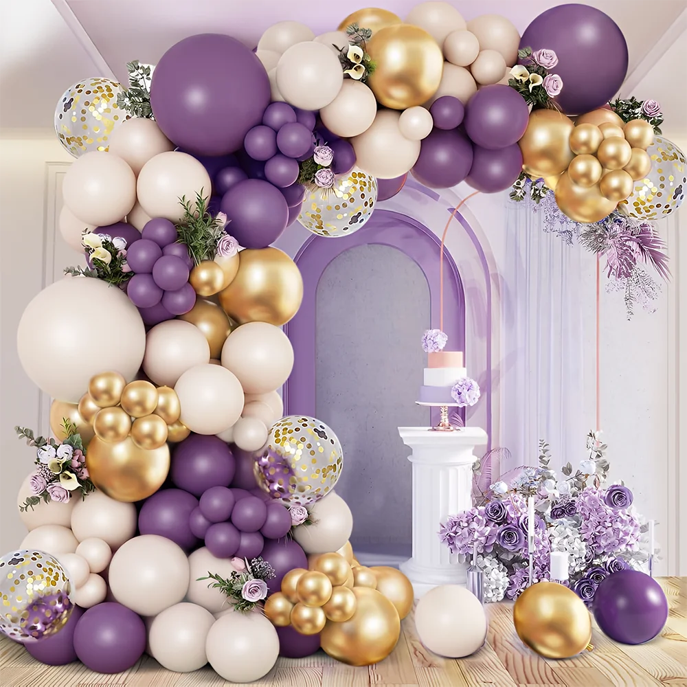 120Pcs Purple Gold Balloon Arch Garland Kit Retro Purple White Sand Gold Balloons for Birthday Baby Bridal Shower Wedding Decor