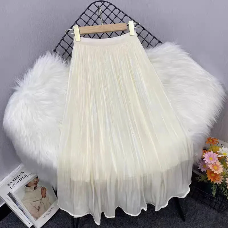 Summer Elegant Streamer Yarn Midi Skirt Women Korean High Waist Office Lady Pleated Skirt Y2K Fashion Streetwear A Line Skirts