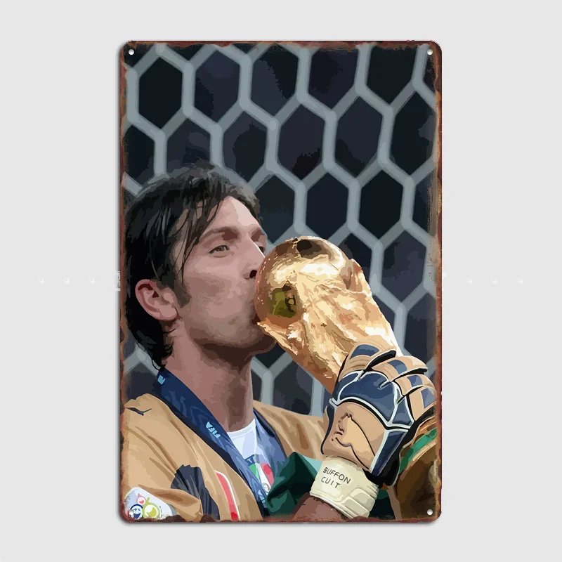 Buffon kissing the Football Trophy Poster Metal Posters Living Sign Indoor Outdoor Room Decoration Home Bar Decor Wall Decor