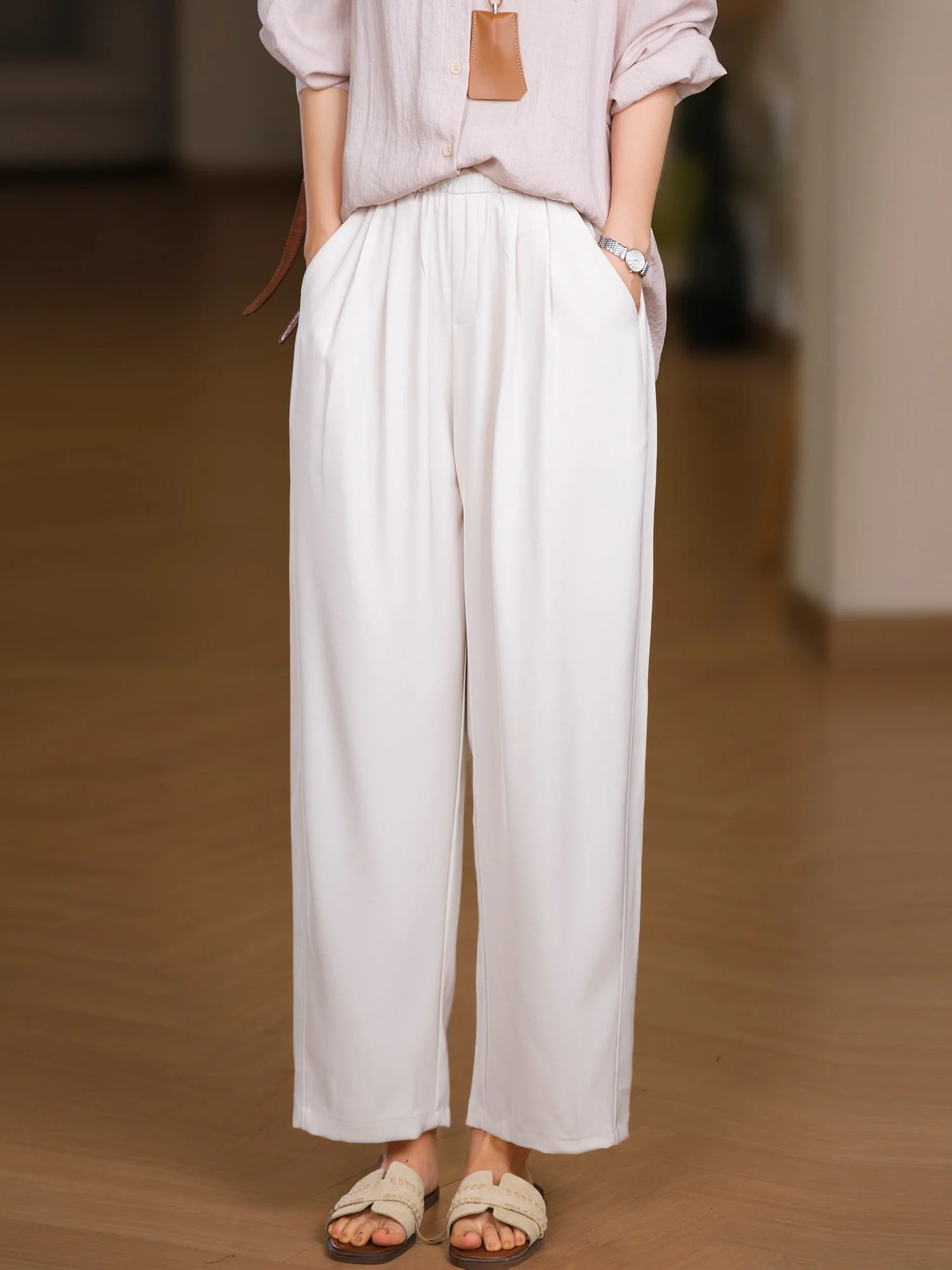 Casual Style Wide Leg Pants Elastic Waist One Button Design Polyester Fiber Smooth Texture Women's Suit Grandmother Pants