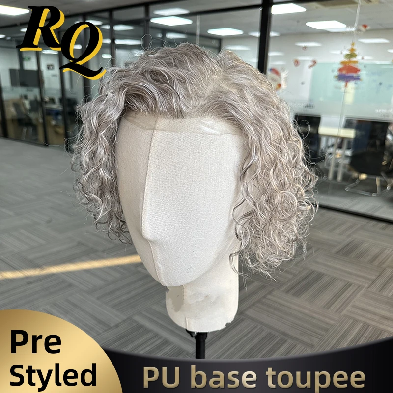 Pre Styled 1b80 Color PU Basement Injection Pre Cut Curly Styled Hair Wig Mens Toupee Hair System For Men Hairpieces Replacement