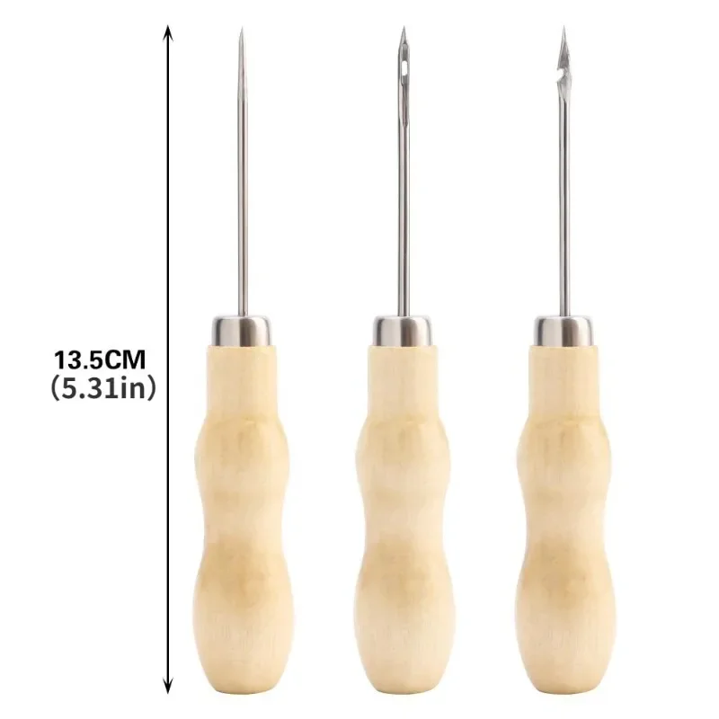 3Pcs/Set Wooden Handle Sewing Awl Hand Stitcher Leathe Punch Tool DIY Shoe Repair Hook Leather Accessories