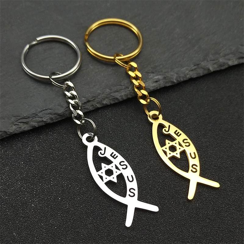 Ichthys Jesus Fish Hollow Key Chain for Women Men Stainless Steel Gold Color Hexagram Star of David Key Ring Jewelry K3535S02 - Image 4