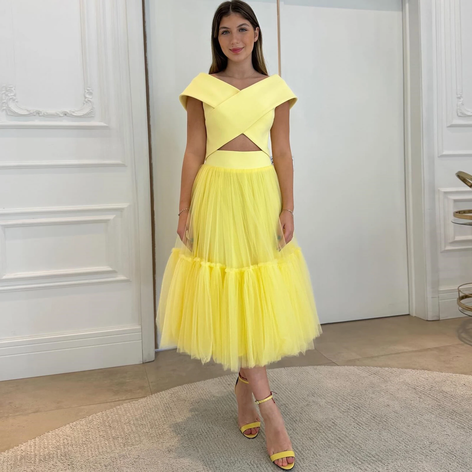 

Princess Soft Tulle Midi Skirt Elastic A Line Tea Length Prom Party Skirt for Women 5 Layers Mesh Yellow Lady Tutu Skirt NO TOP