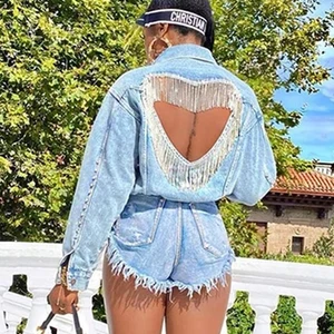 Damen-Denimjacke Blue Light Diamond Quastel einzigartiger Brust Jacke hinter Frauen Jeans Mantel 2023 Herbst Mode neue Kleidung 8 Hauptverkäufe Frauen hellblauer Mantel - №7