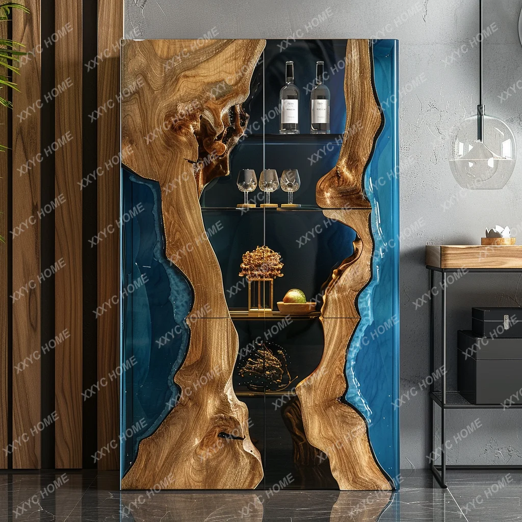 TT Modern light luxury black walnut wine cabinet living room wall solid wood glass double door partition display cabinet dining