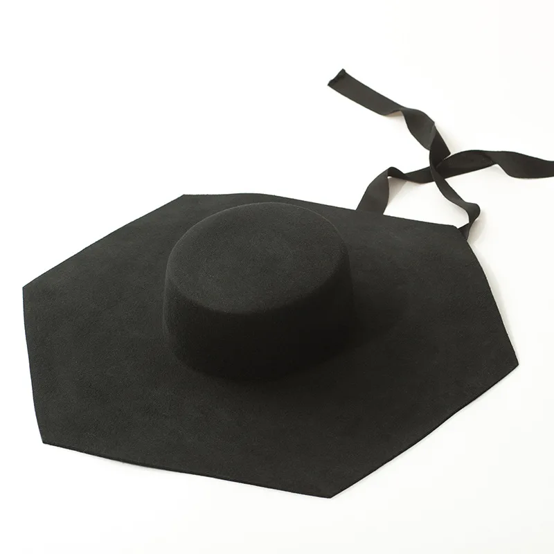 Style Hexagonal Flat Top Wide Brim Hat Stage Show Concave Shape Strap Flat Top Felt Hat Photography Hat