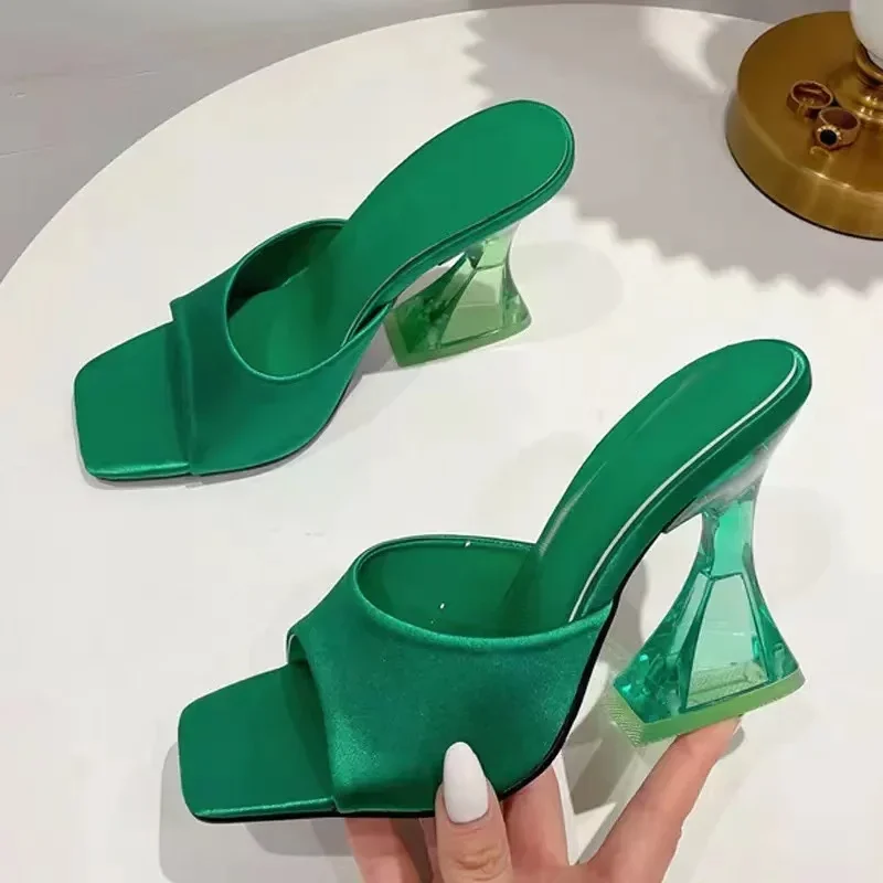 Summer Women\'s Green High Heel Slippers Silky Wide Band Transparent Strange Sandals  Female Comfortable PU Leather Slides Pumps