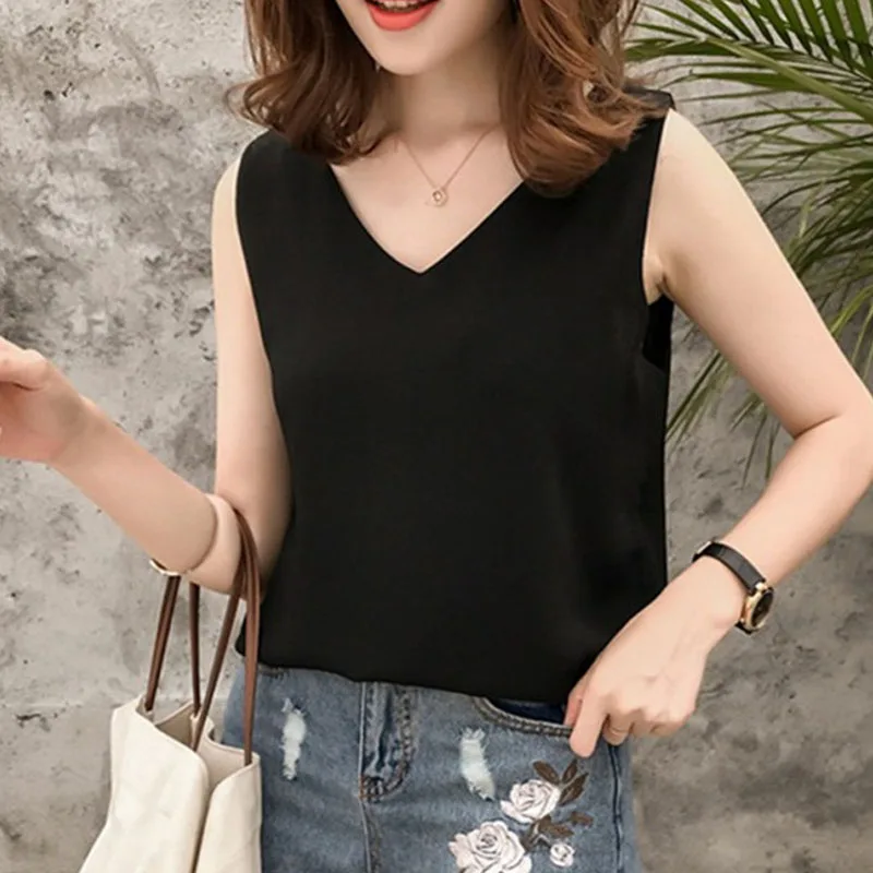 New Women Tops and Blouses Chiffon Women\'s Shirt Summer Sexy Sleeveless Shirt Woman Fashion V Neck Ladies Clothing 0376