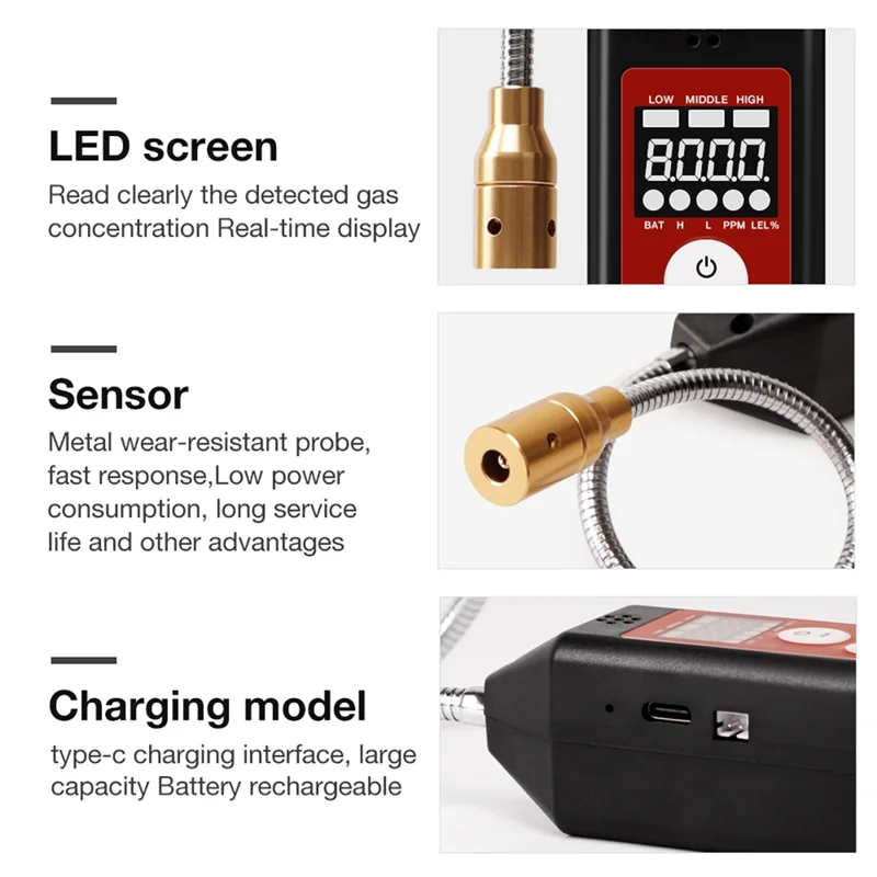 ABKI-brandbaar gaslekdetector Geluidsalarm LD610 Methaan C4H10 H2 Gastester 100-9999Ppm