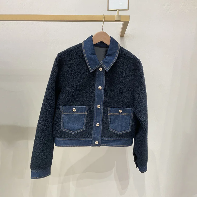 French Niche 2026 Early Spring Shearling Patchwork Denim Pocket Lapel Cardigan Trendy Coat