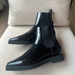 New Winter Style Genuine Leather Chelsea Ankle Boots Flat Square Toe Slim Short Boots