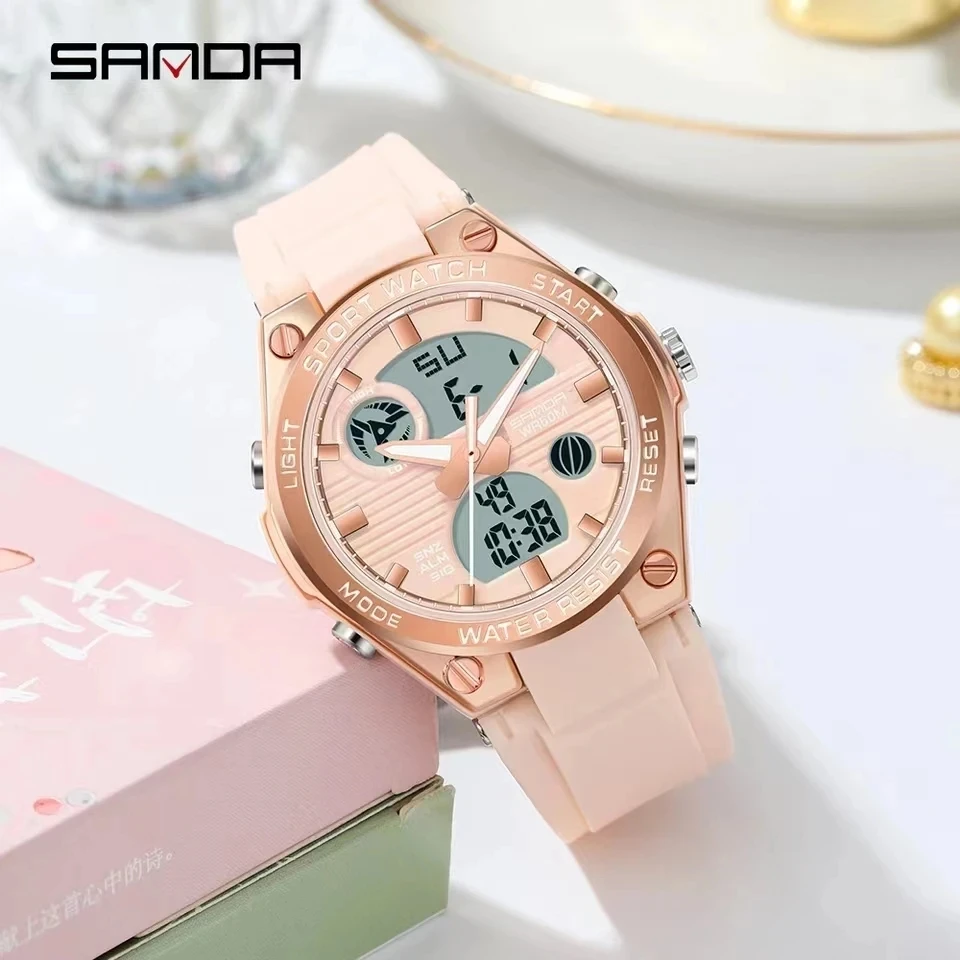 Sanda 6067 Dames Elektronisch Horloge Mode Creatieve Macaron Sport Lichtgevende Chronograaf Dual Display Siliconen Dames Horloges